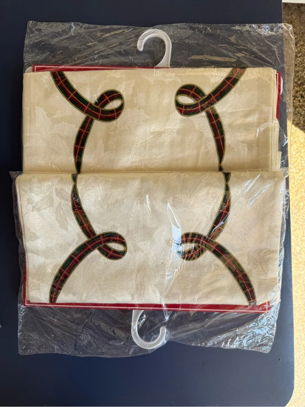 Lenox Ivory Table Runner with Red & Green Plaid Ribbon Accents